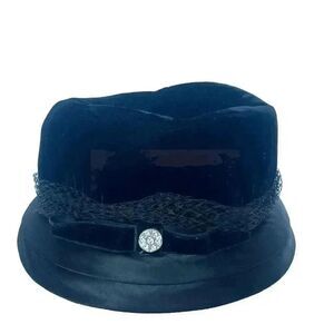Vintage Cloche Hat Velvet Satin & Net Lace Trim w/Rhinestone